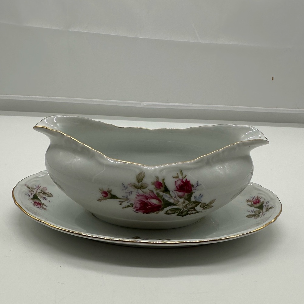 Vintage Ucago Old Rose Gravy Boat with Attached Underplate China